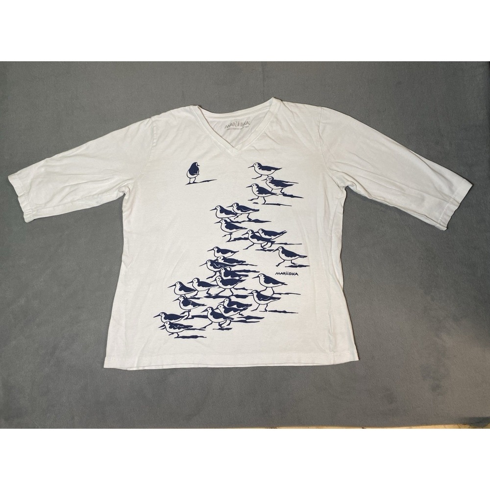 Marushka Hand Printed Women's V Neck 3/4 Sleeve T Shirt Feat. Sand Pipers Sizes